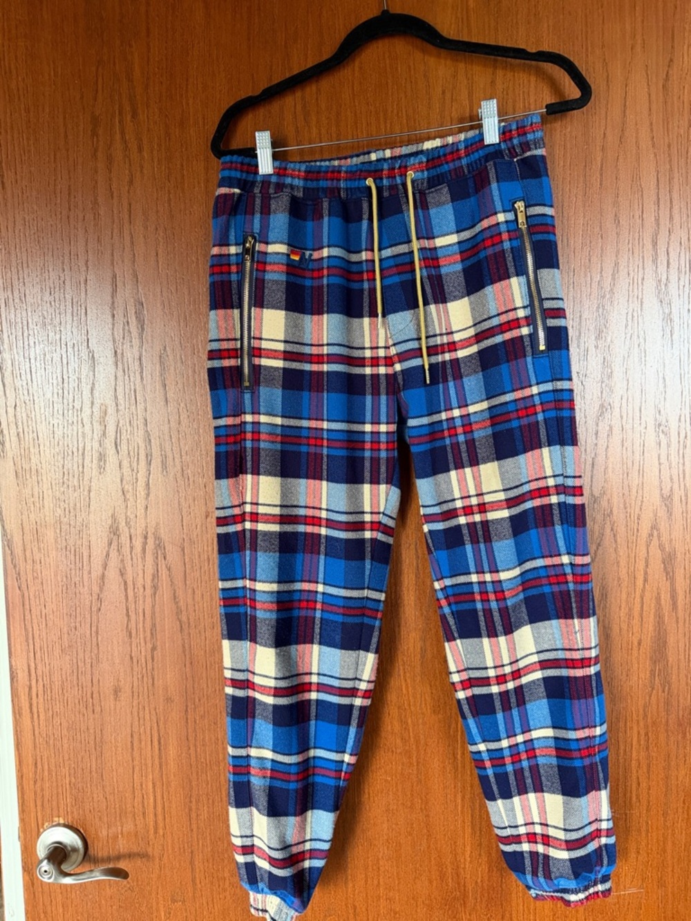 Aviator Nation Unisex Blue Plaid Jogger Pants with Zip Pockets